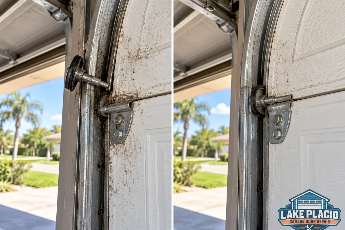 Garage door roller displaced from its track and the same door correctly realigned