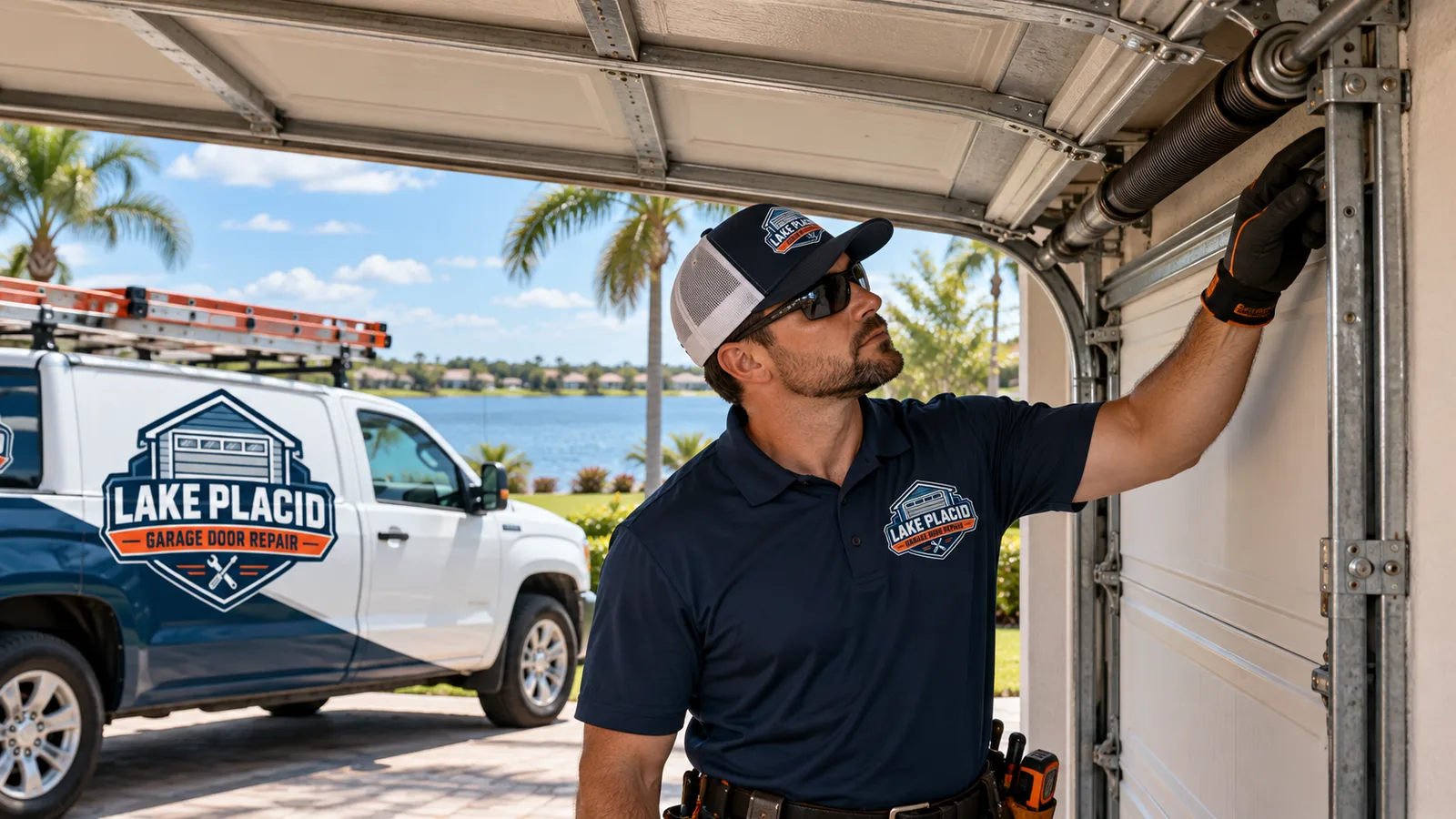 Technician inspecting a residential garage door's rollers, track, and spring system in Lake Placid, Florida