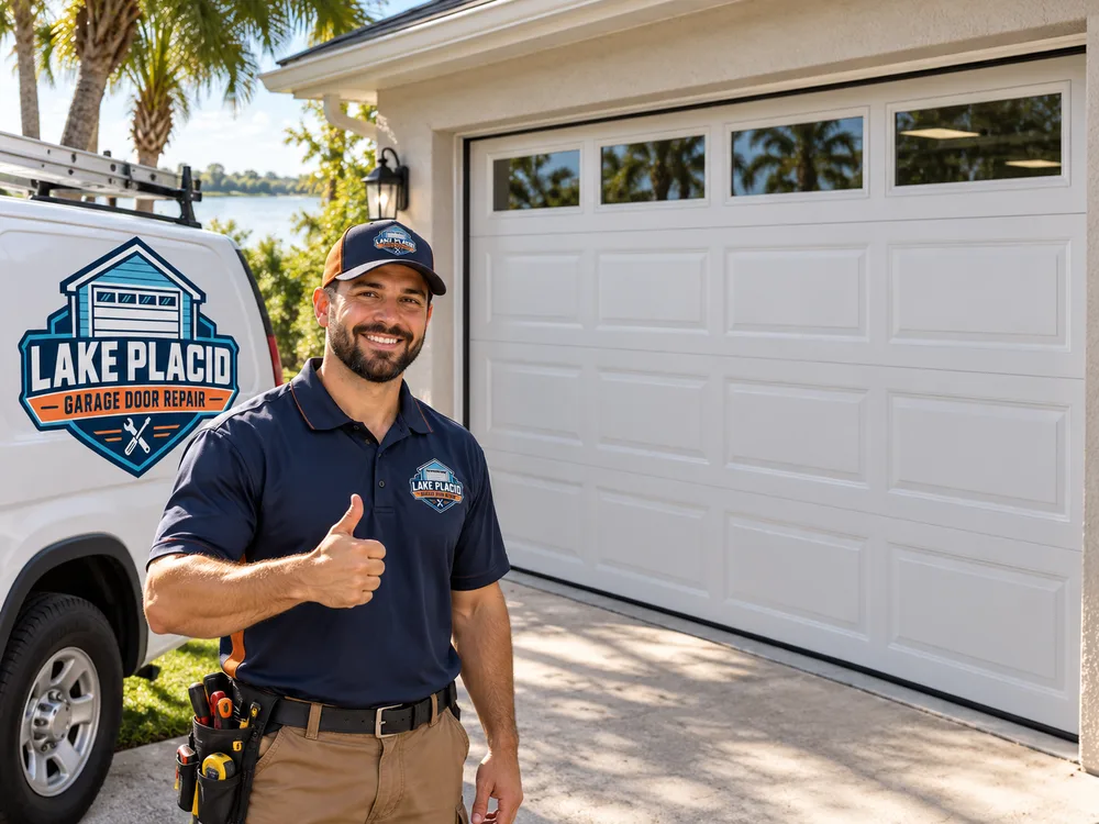 Repaired sectional garage door sitting level with straight tracks and aligned safety sensors