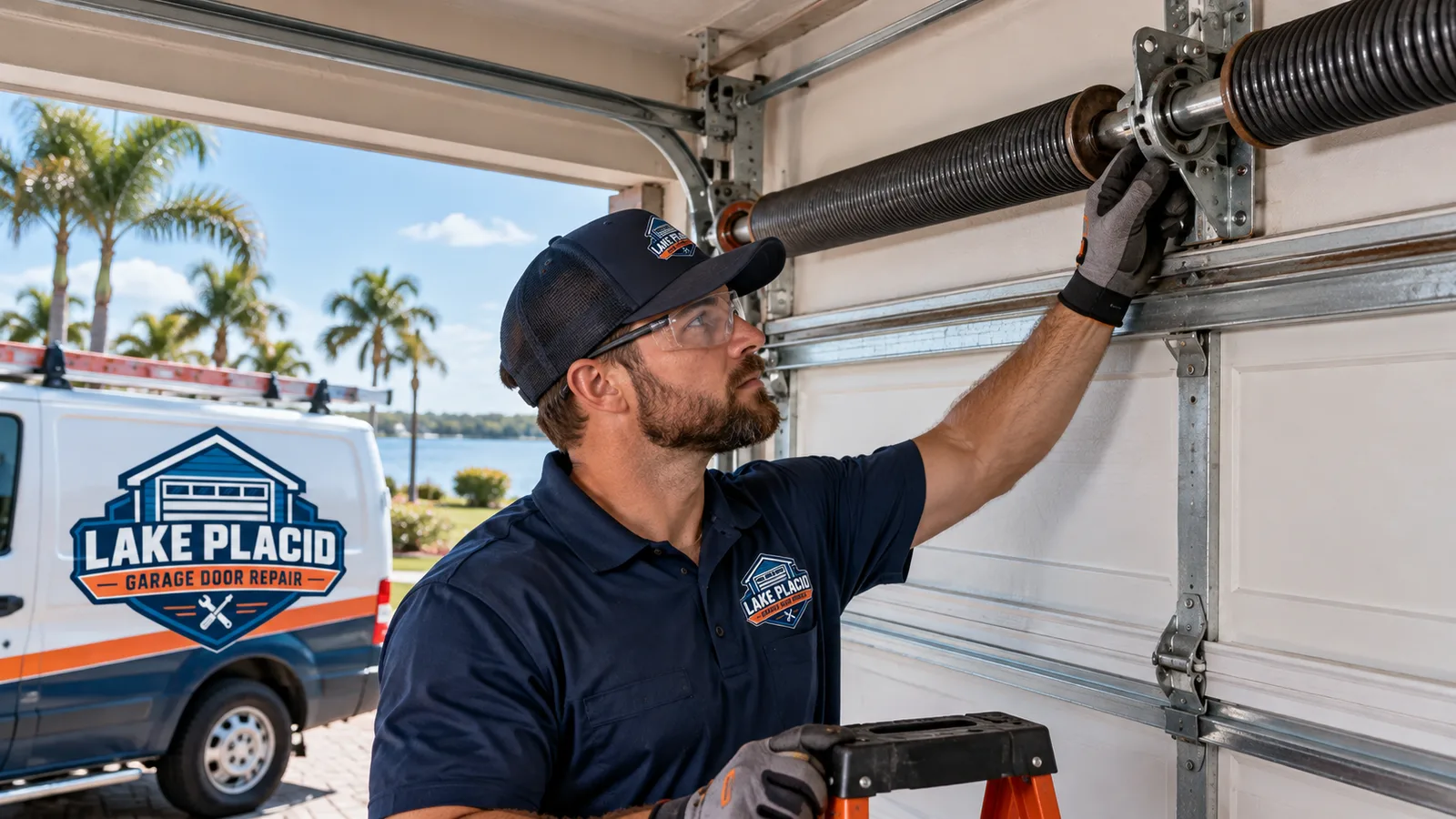 Residential garage door technician inspecting a torsion spring and center bearing above a closed garage door
