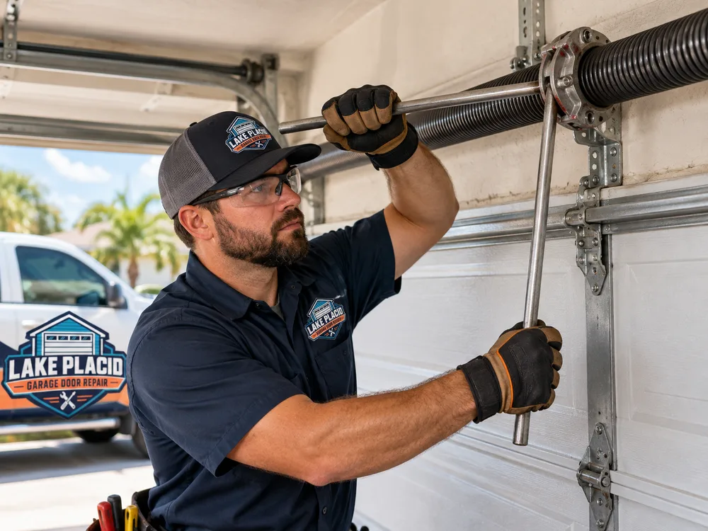 Technician using proper winding bars on a residential torsion spring while the garage door remains closed