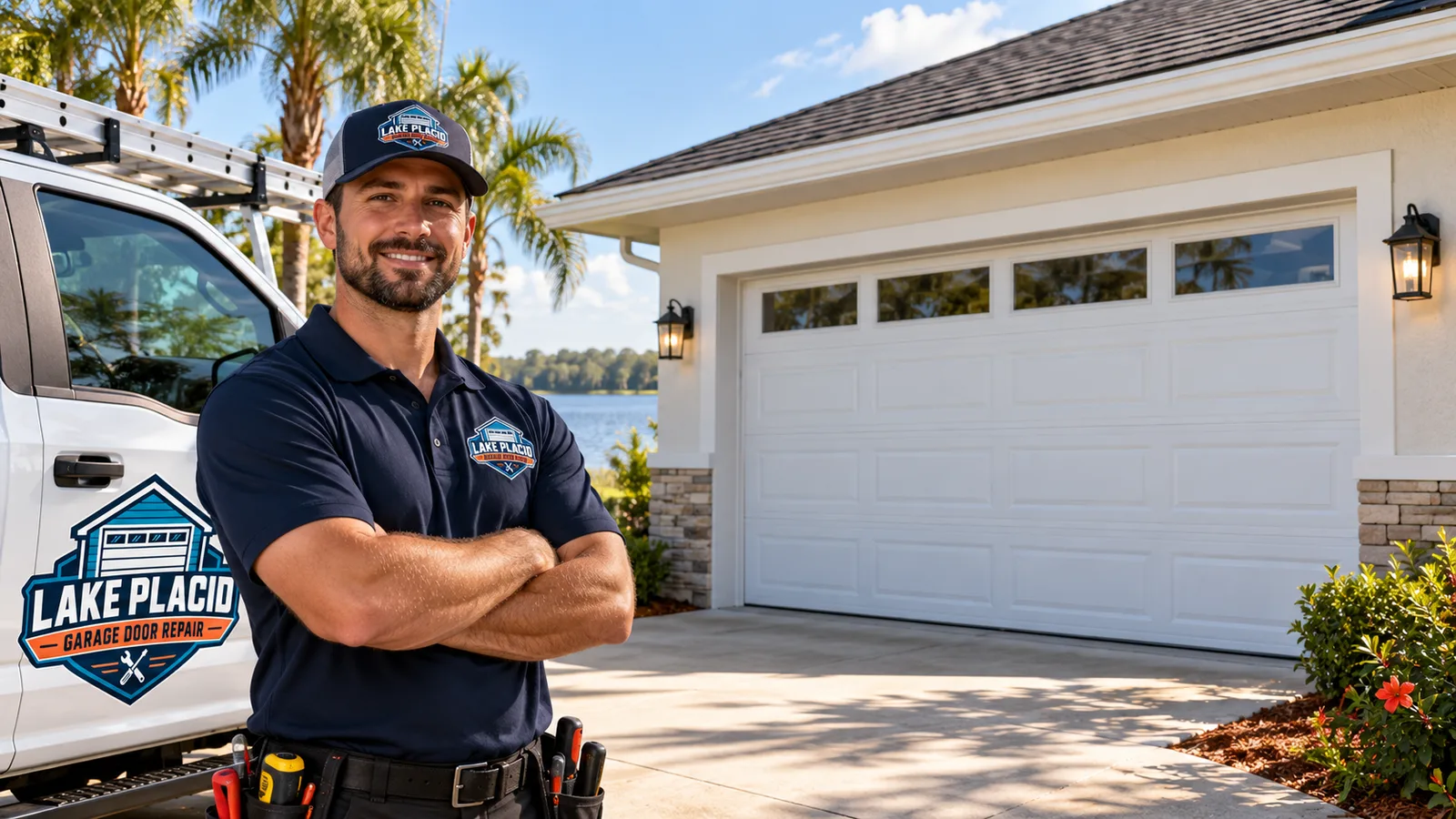 Newly installed sectional garage door on a Florida home with clean tracks, weather seals, and finished exterior trim