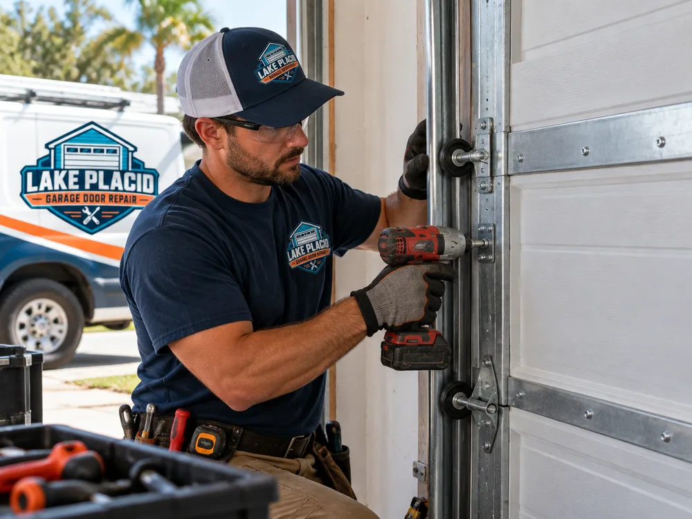 Residential sectional garage door installation showing vertical track, rollers, hinges, perimeter seal, and reinforced interior panels