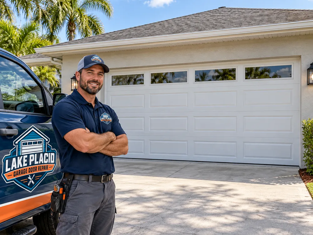 Finished double-width steel garage door with a restrained raised-panel design on a single-story Florida residence