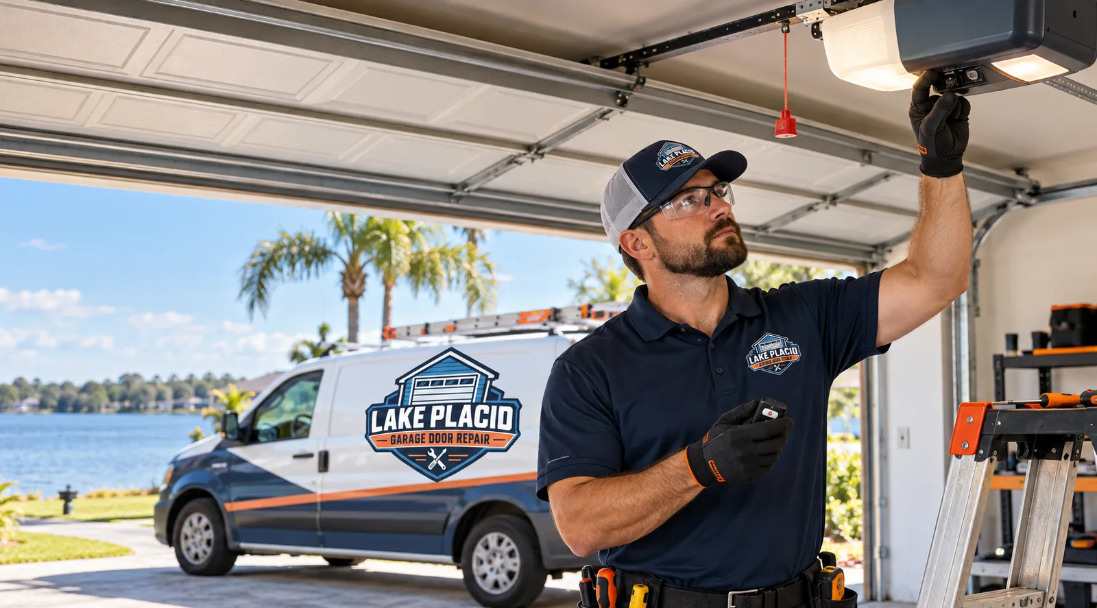 Technician testing a ceiling-mounted garage door opener and handheld remote inside a clean residential garage