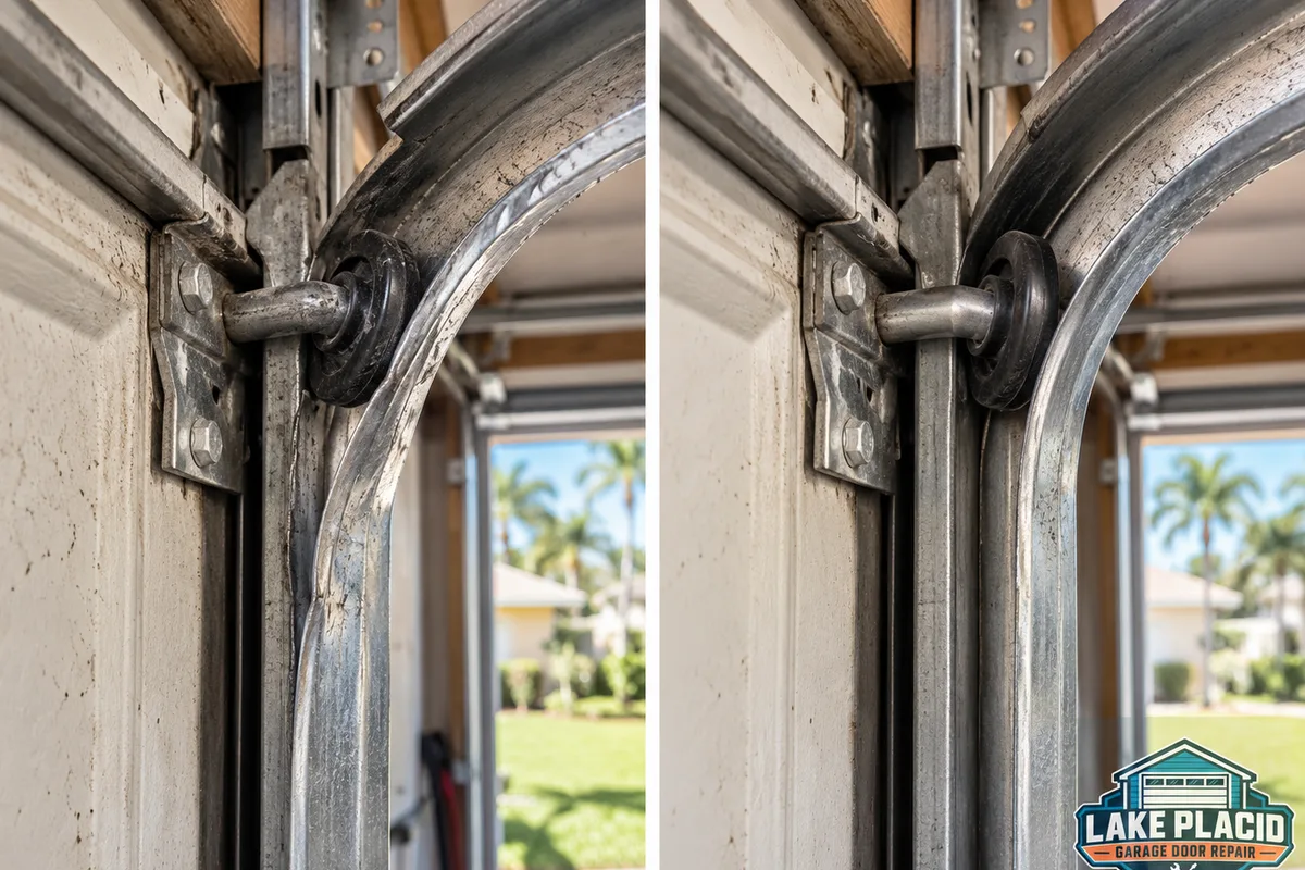 Garage door roller displaced from a bent track and the same assembly correctly realigned after repair