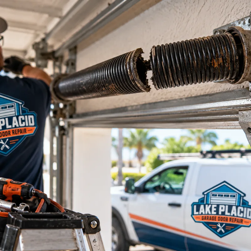 Broken torsion spring above a closed garage door with tools positioned at a safe distance
