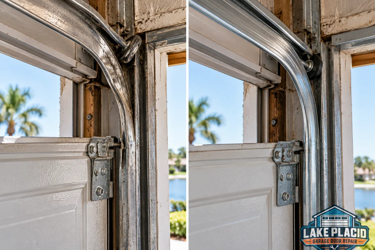 Bent garage door track with a displaced roller and the same opening after the track and roller path were realigned