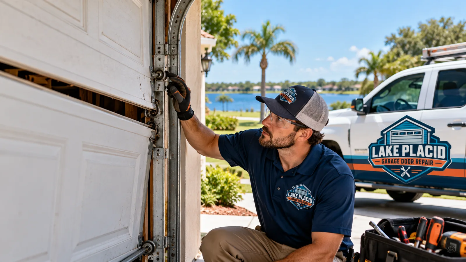 Residential garage door visibly misaligned in its vertical track while a technician inspects the rollers and track brackets